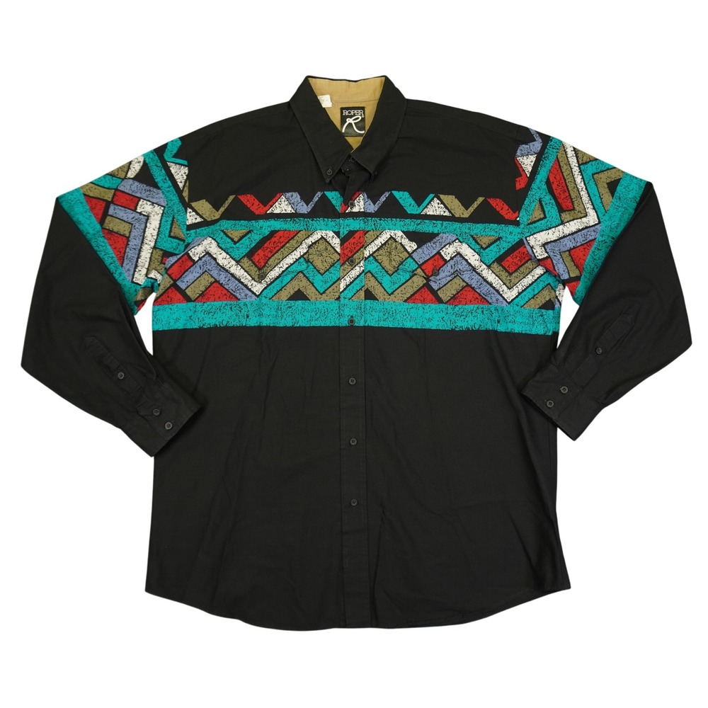 Vintage Roper Button Down Shirt Mens XL Black Southwestern Aztec Geometric USA